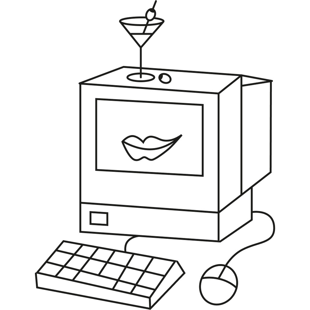Lineare Zeichnung eines Retro-Computers mit Martini-Glas und Lippen auf dem Bildschirm.