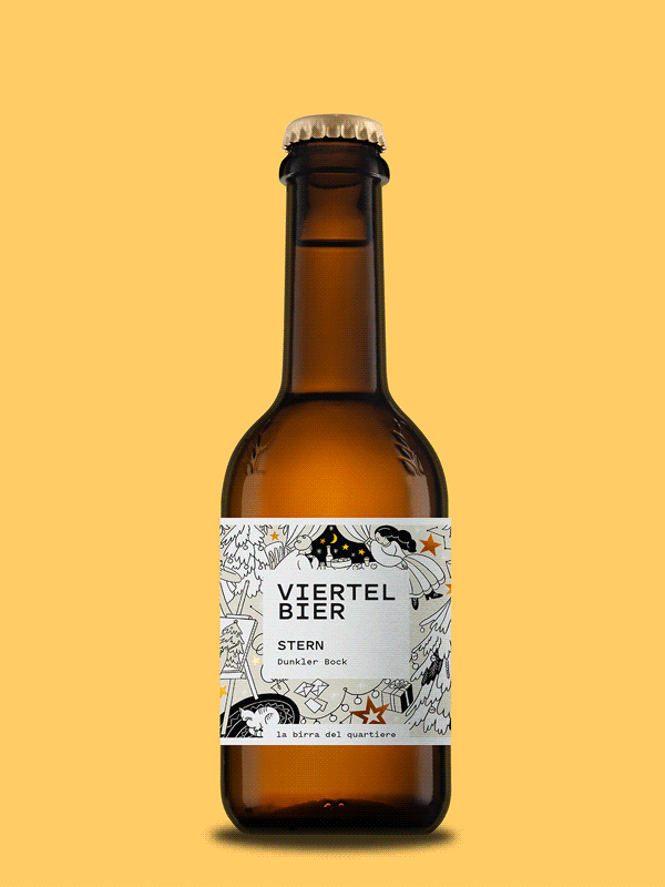 Animierte Bierflasche mit wechselnden Etiketten vor gelbem Hintergrund.