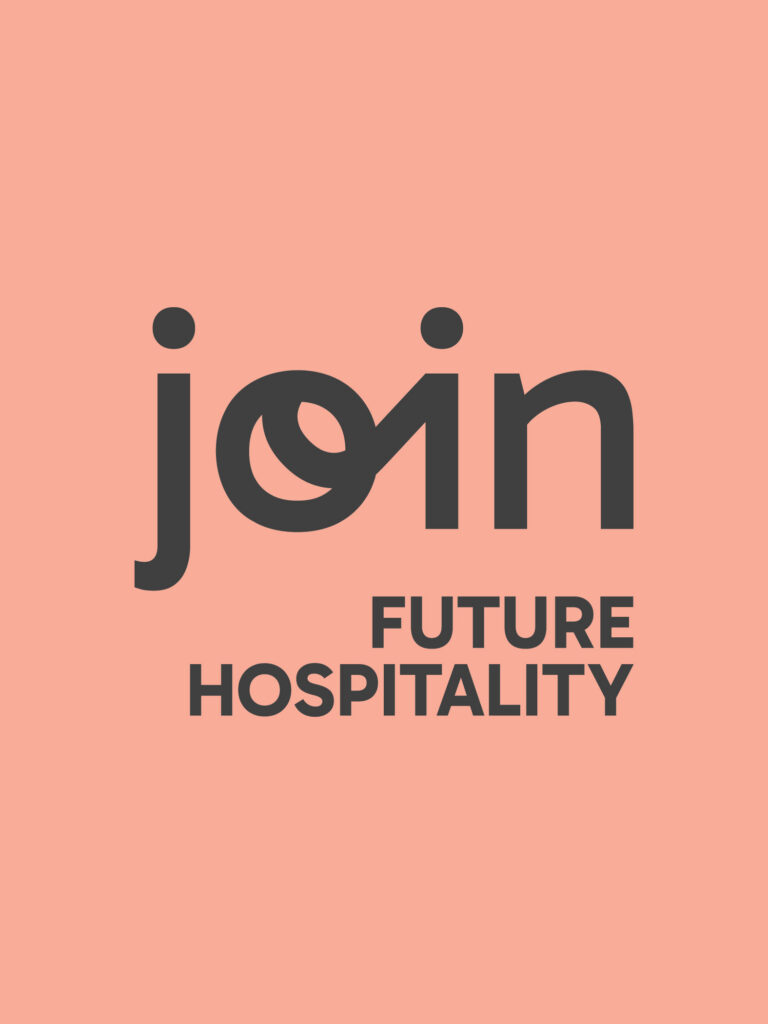 Grafik mit dem Text 'Join Future Hospitality' auf rosa Hintergrund