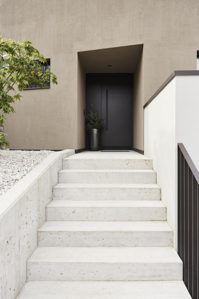 Moderne Eingangstreppe mit Pflanzen und minimalistischer Tür