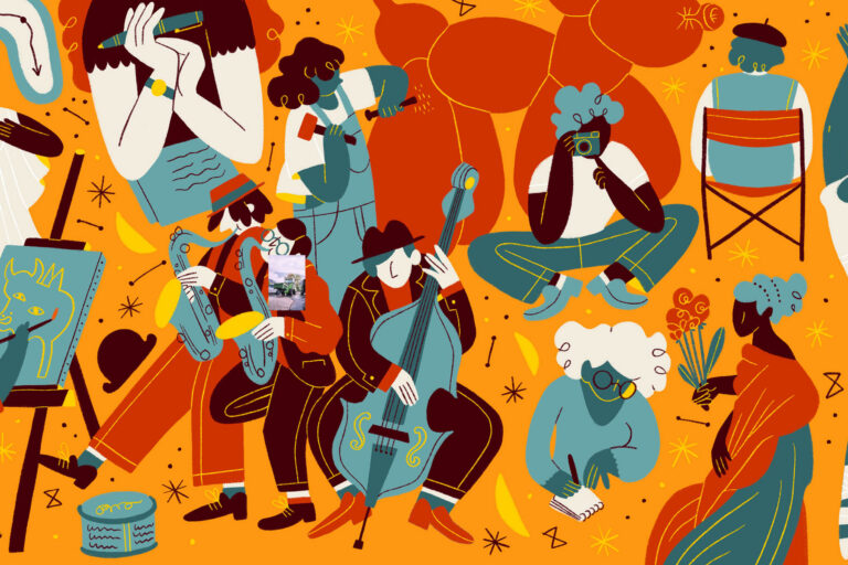 Illustration von Menschen beim Musizieren, Fotografieren und Malen auf orangefarbenem Hintergrund.