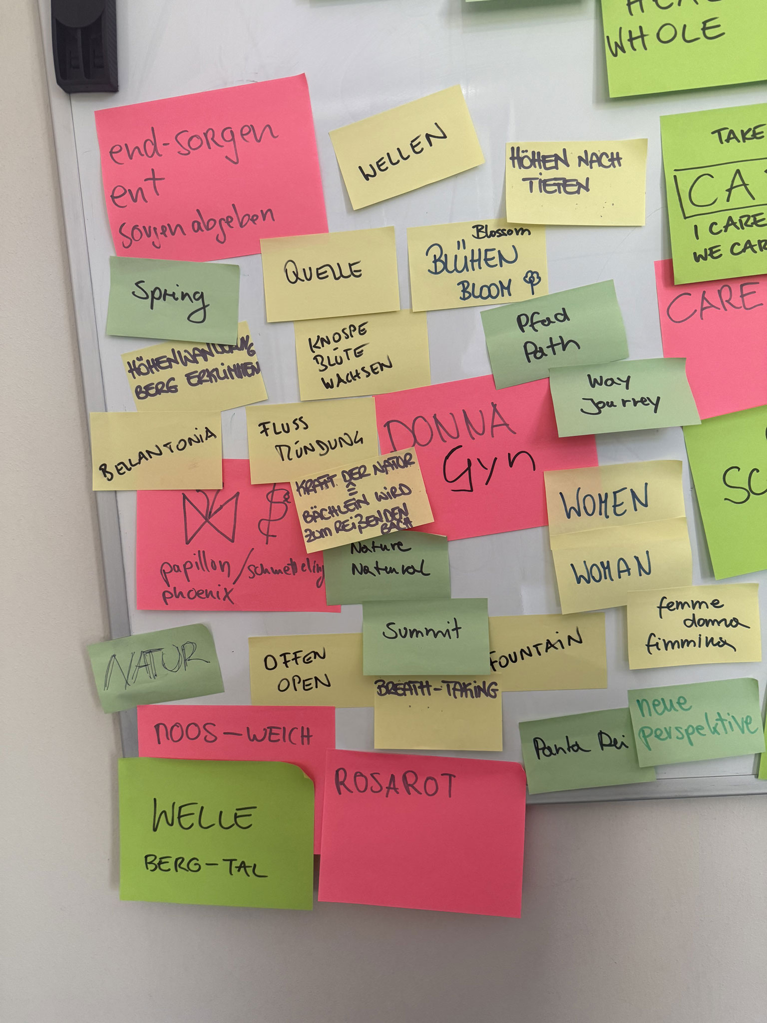Bunte Haftnotizen mit kreativen Begriffen an einem Whiteboard.