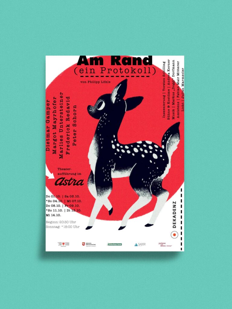 Plakat mit Rehmotiv und Theaterstück-Informationen 'Am Rand'.