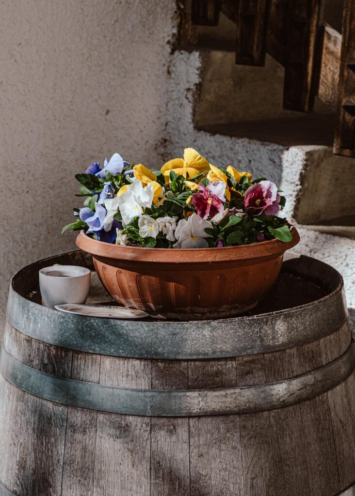 Blumenschale mit bunten Blüten auf Holzfass