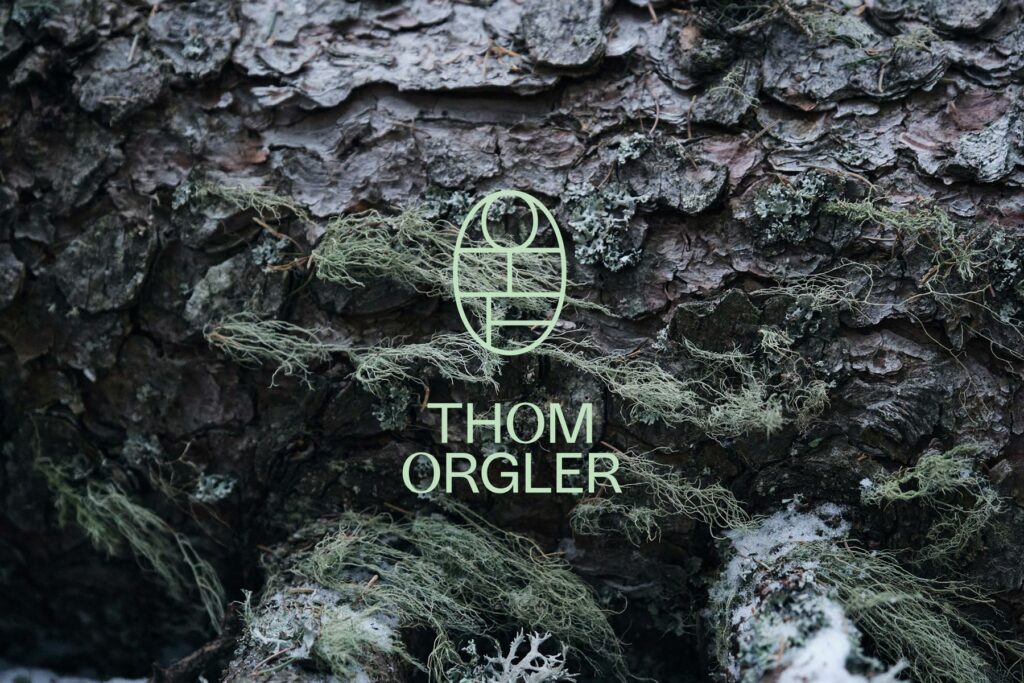 Logo und Name Thom Orgler auf Baumrinde mit Flechten